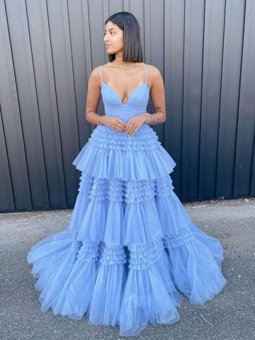 V Neck  Blue Tulle Long Prom Dress, Blue Tulle Formal Evening Dress