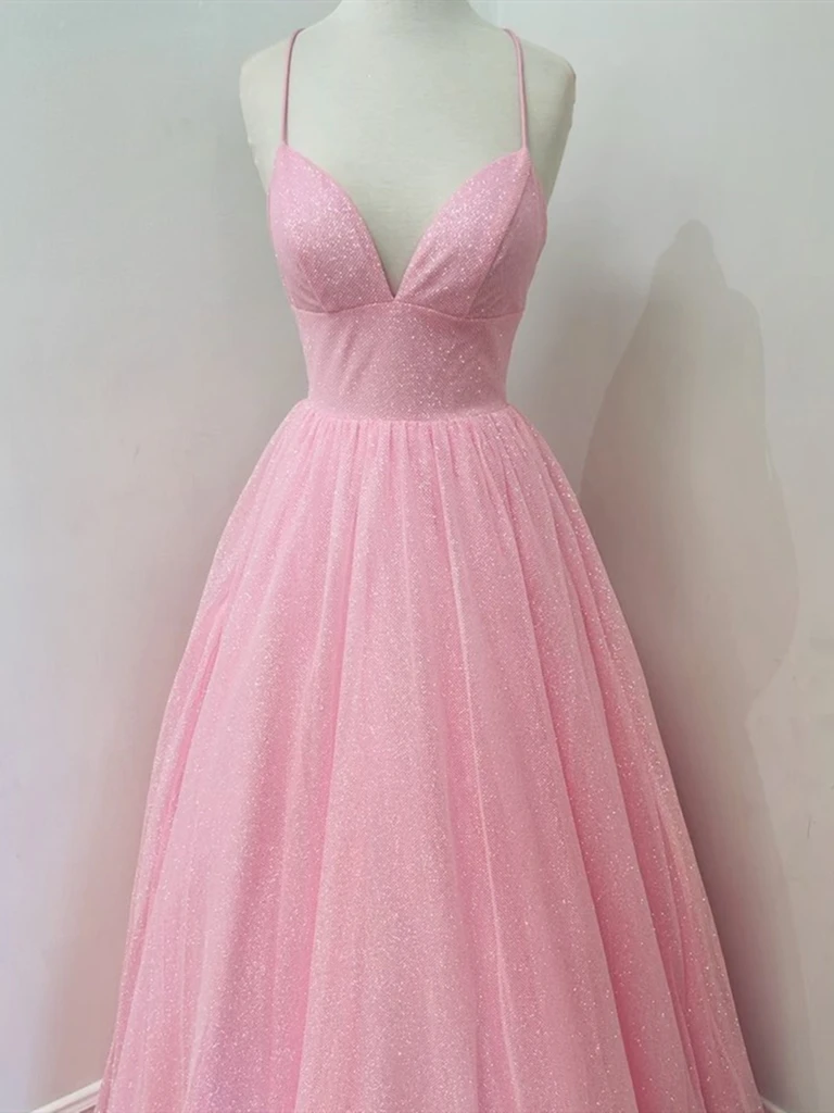 Shiny A Line V Neck Pink Long Prom Dresses,  A Line V Neck Pink Long Formal Evening Dresses