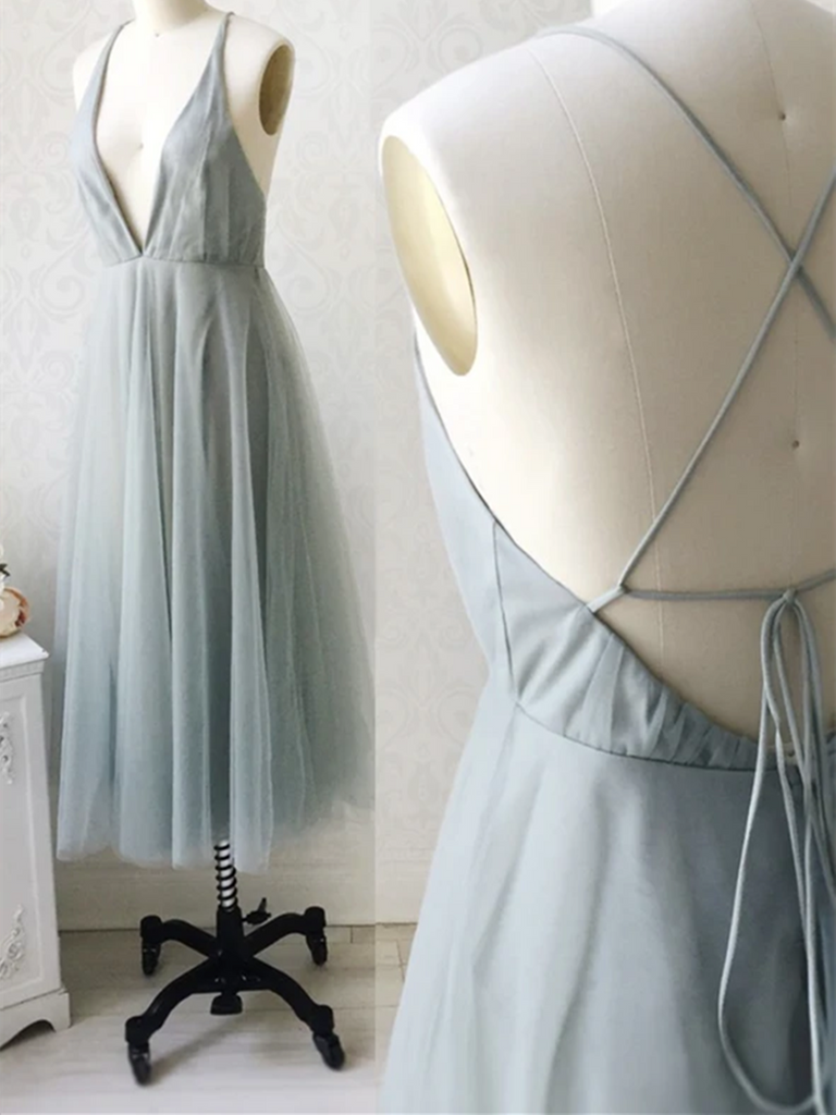 Simple A Line V Neck Grey Tulle Backless Short Prom Dresses, Gray Open Back Short Formal Evening Dresses