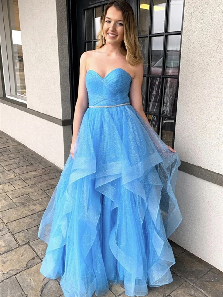 Shiny Sequins Strapless Sweetheart Neck Light Blue Long Prom Dresses, Shiny Blue Formal Evening Graduation Dresses