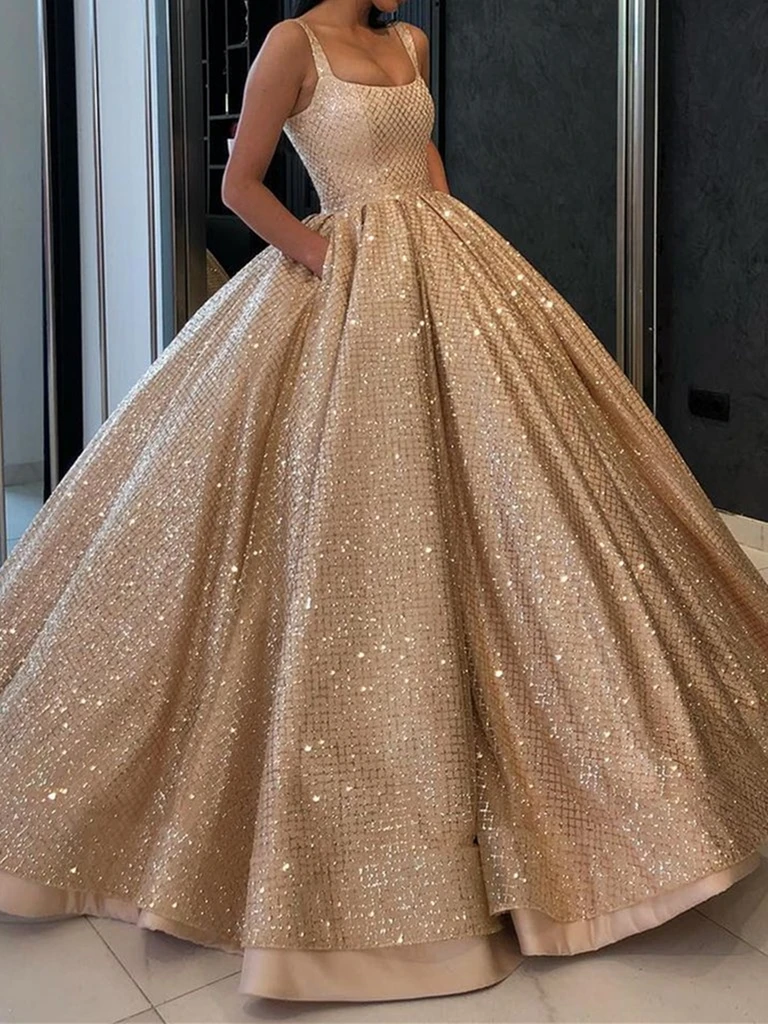 Gorgeous Bling Bling Gold Sequins Prom Gown with Pockets, Golden Formal Evening Gown