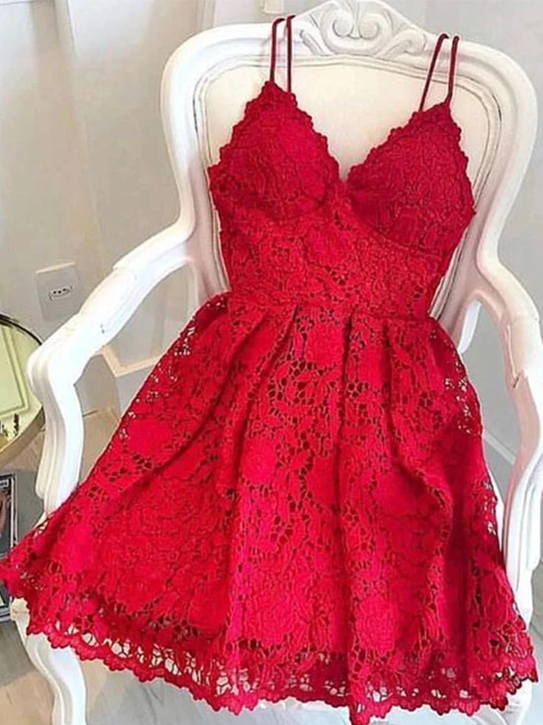 A Line V Neck Short Red Lace Prom Dresses, Short Red Lace Formal Homec morievent A Line V Neck Short Red Lace Prom Dresses, Short Red Lace Formal Homec morievent