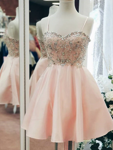 Sweetheart Neck Satin Blush Pink Homecoming Dresses With Rhinestone, Short Blush Pink Satin Prom Formal Evening Dresses