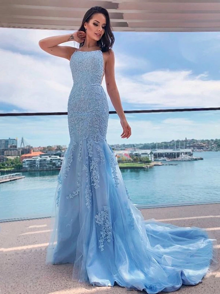 Mermaid Backless Light Blue Lace Long Prom Dresses, Mermaid Blue Formal Dresses, Light Blue Lace Evening Dresses