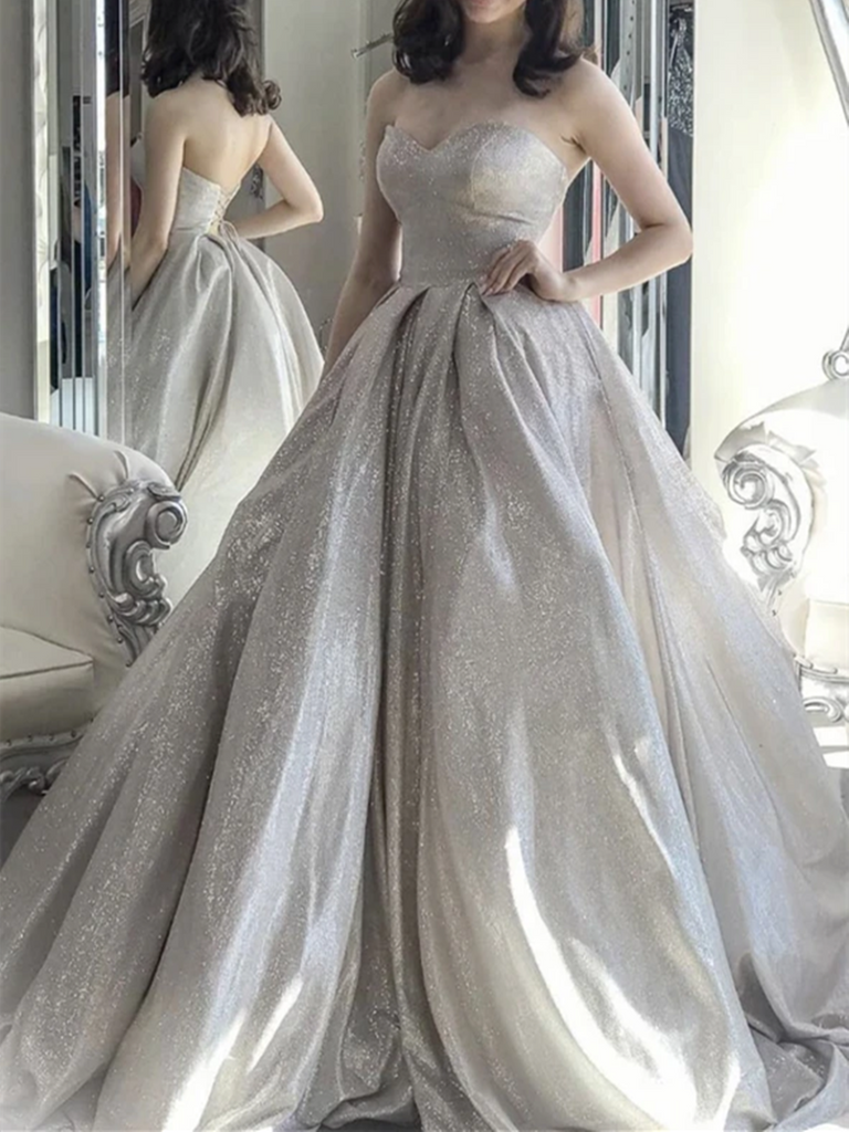 Shiny A Line Sweetheart Neck Gray Long Prom Dresses, Sequin Gray Ball Gown, Gray Formal Evening Dresses