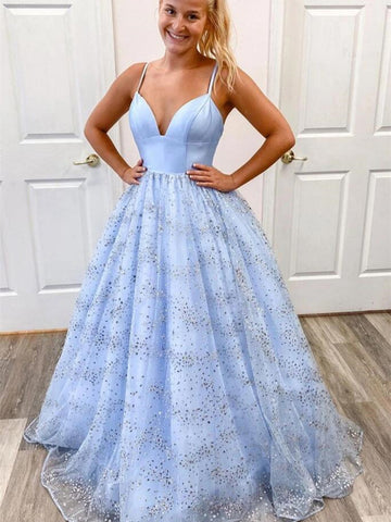 V Neck Sequin Blue Tulle Long Prom Dresses, V Neck Sequin Blue Tulle Long Formal Evening Dresses