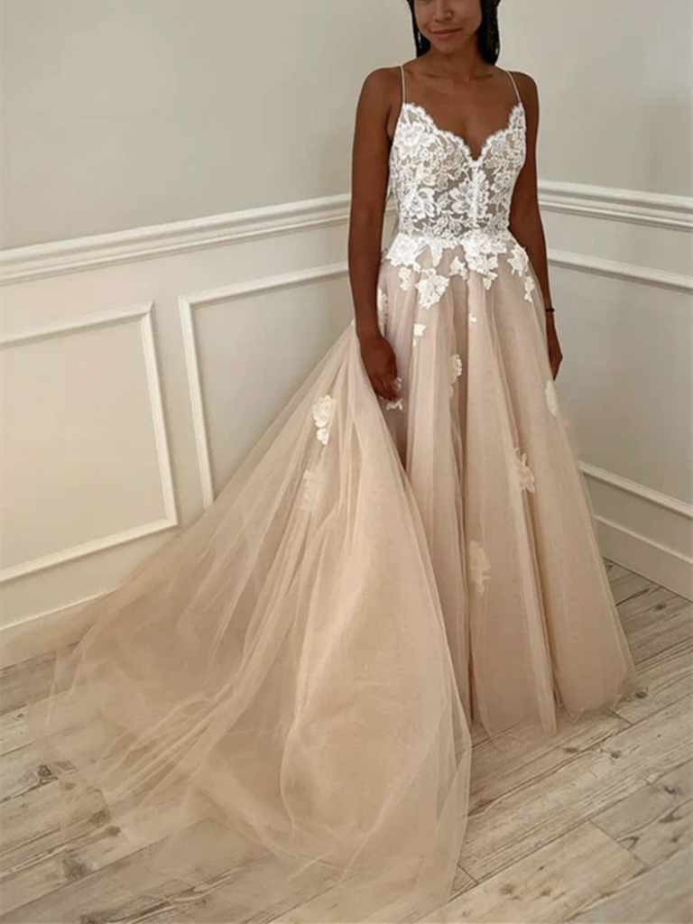 V Neck Champagne Tulle Lace Long Prom Dresses, V Neck Champagne Tulle Lace Long Formal Evening Dresses