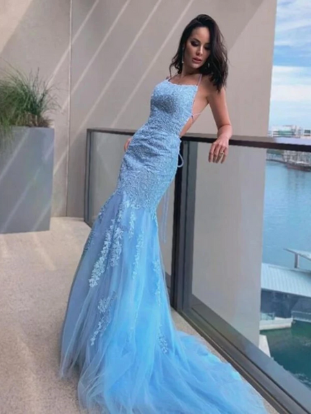 Mermaid Backless Light Blue Lace Long Prom Dresses, Mermaid Blue Formal Dresses, Light Blue Lace Evening Dresses