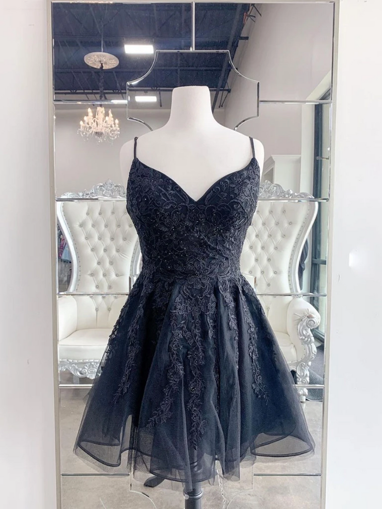 V Neck Backless Black Lace Applique Short Prom Dresses, V Neck Black L morievent V Neck Backless Black Lace Applique Short Prom Dresses, V Neck Black L morievent