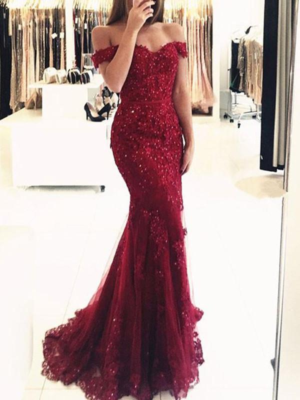 Custom Made Off Shoulder Burgundy Lace Prom Dress, Burgundy Lace Bridesmaid Dress, Formal Dress