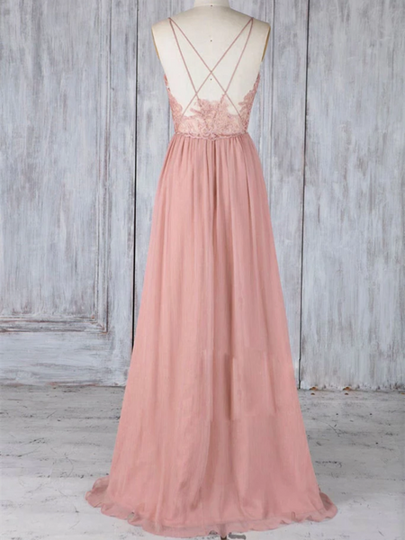 A Line V Neck Pink Chiffon Lace Backless Long Prom Dresses, V Neck Pink Chiffon Lace Backless Formal Evening Dresses