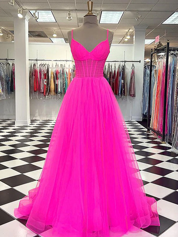 A Line V Neck Hot Pink Tulle Long Prom Dresses, V Neck Hot Pink Tulle Long Formal Graduation Dresses