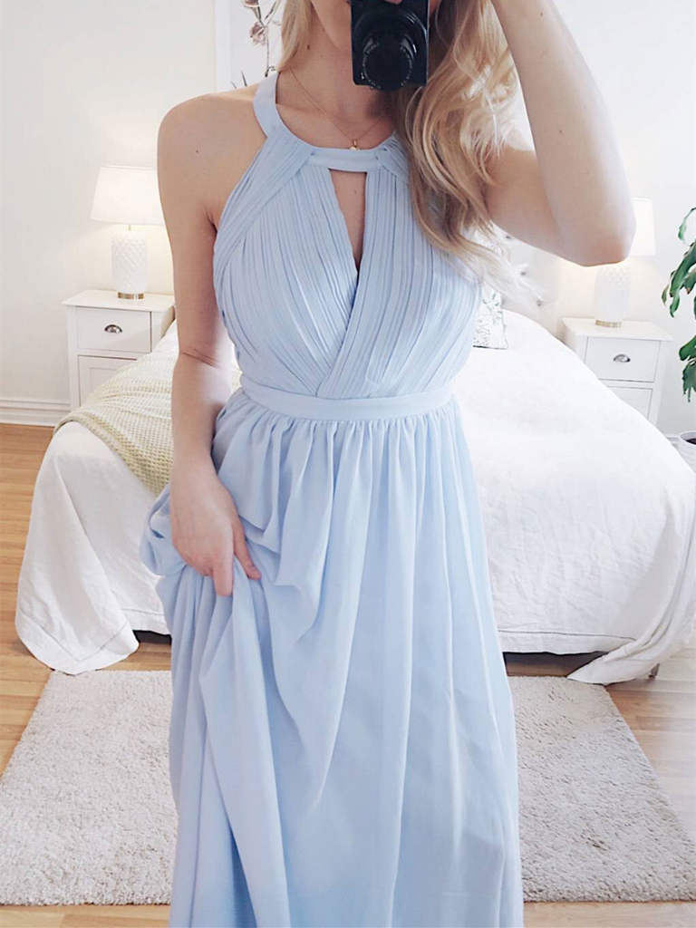 Simple Round Neck Blue Chiffon Long Prom Dresses, Round Neck Blue Back morievent Simple Round Neck Blue Chiffon Long Prom Dresses, Round Neck Blue Back morievent