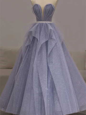 A Line Sweetheart Neck Lavender Tulle Sequin Long Prom Dresses, Purple Tulle Long Formal Evening Dresses