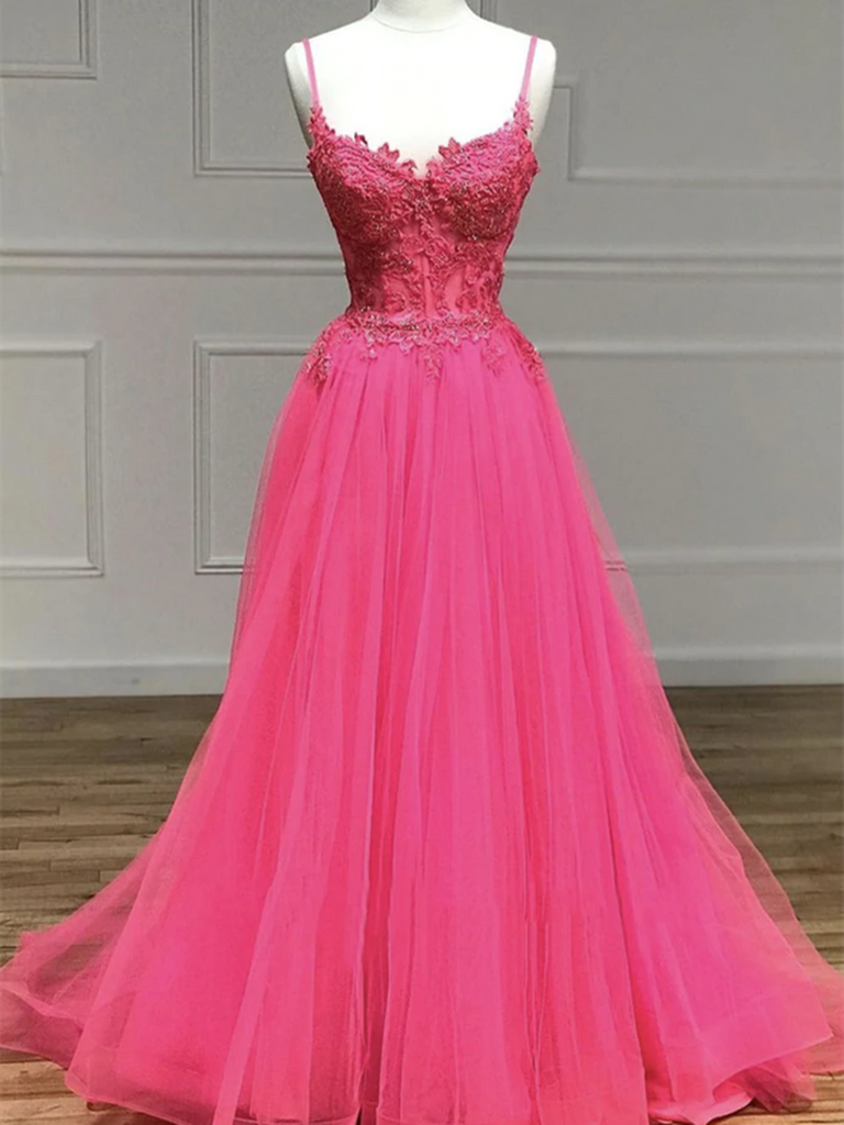 A Line Spaghetti Straps Beaded Pink Lace Long Prom Dresses, Pink Lace Formal Dresses, Pink Tulle Evening Dresses