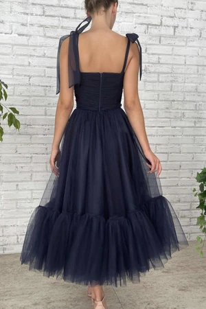 Dark Blue Tulle Short Prom Dresses, Dark Blue Tulle Short Formal Evening Dresses