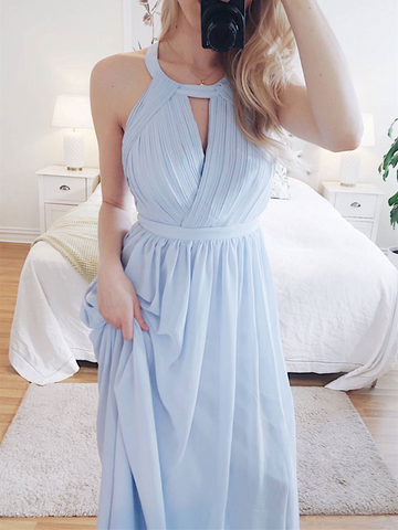 Simple Round Neck Blue Chiffon Long Prom Dresses,  Round Neck Blue Backless Chiffon Long Formal Evening Dresses