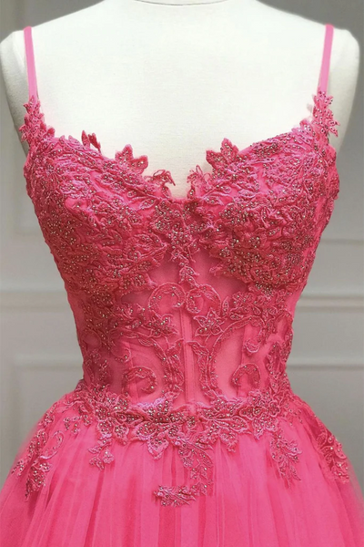 A Line Spaghetti Straps Beaded Pink Lace Long Prom Dresses, Pink Lace Formal Dresses, Pink Tulle Evening Dresses
