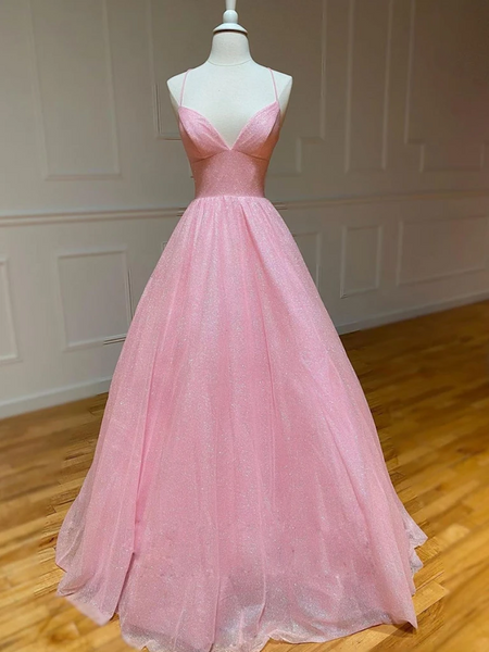 A Line V Neck Pink Backless Tulle Long Prom Dresses, A Line V Neck Pink Backless Tulle Long  Formal Evening Dresses