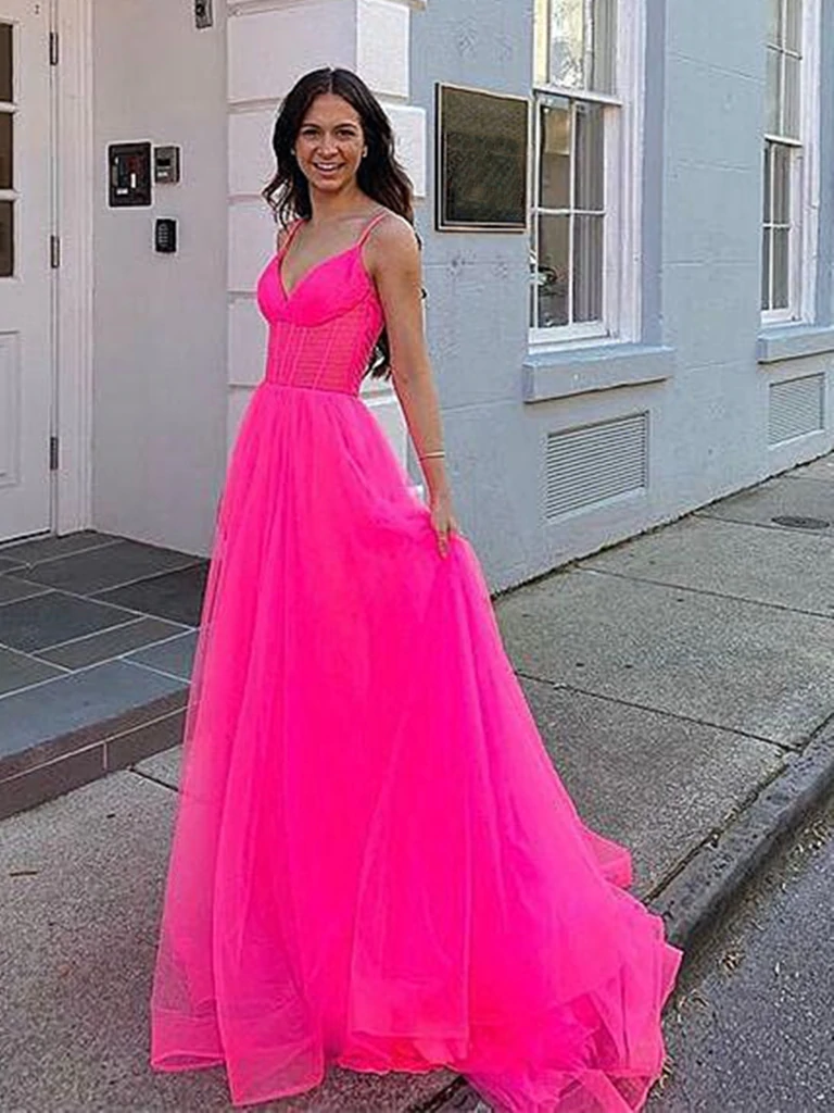 A Line V Neck Hot Pink Tulle Long Prom Dresses V Neck Hot Pink Tulle morievent