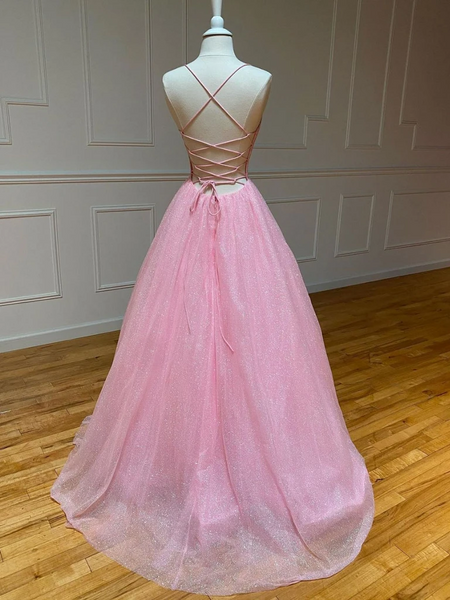 A Line V Neck Pink Backless Tulle Long Prom Dresses, A Line V Neck Pink Backless Tulle Long  Formal Evening Dresses