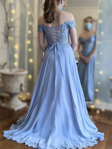 A Line Off Shoulder Blue Lace Long Prom Dresses, Off The Shoulder Blue Lace Long Formal Evening Dresses