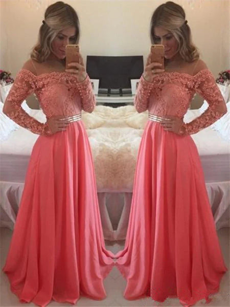 A Line Floor Length Long Sleeves Coral Lace Prom Dress, Coral Lace Bridesmaid/Formal Dresses