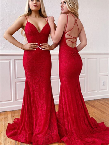 V Neck Red Backless Mermaid Long beaded Prom Dresses,  Red Backless Mermaid Long beaded Evening Dresses