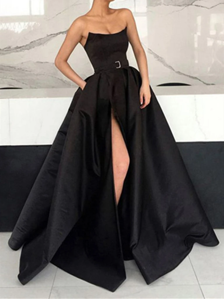 Strapless Black Long Satin Prom Dresses with High Leg Slit, Long Strap morievent Strapless Black Long Satin Prom Dresses with High Leg Slit, Long Strap morievent
