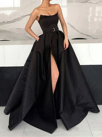 Strapless Black Long Satin Prom Dresses with High Leg Slit, Long Strapless Black Satin Formal Evening Graduation Dresses