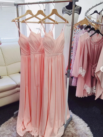 V Neck Pink Chiffon Long Prom Dresses, Pink Long Bridesmaid Formal Evening Dresses
