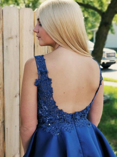 Royal Blue Lace Applique Backless Short Homecoming Dresses, Royal Blue Lace Short Prom Dresses