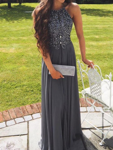 Custom Made A Line Grey/Gray Backless Chiffon Prom Dresses, Backless Bridesmaid Dresses, Wedding Party Dresses, Backless Evening Dresses