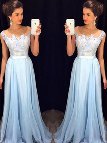 Custom Made A Line Round Neck Light Blue Prom Dress, Long Formal Dress