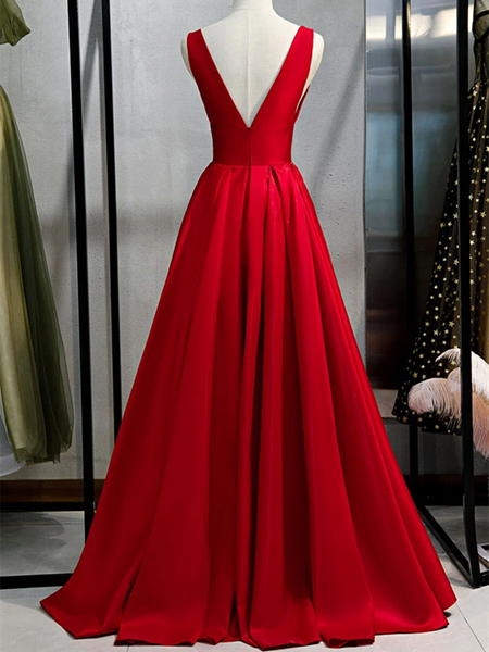 Red V Neck Satin Long Prom Dresses, Simple Red Long Formal Evening Dresses