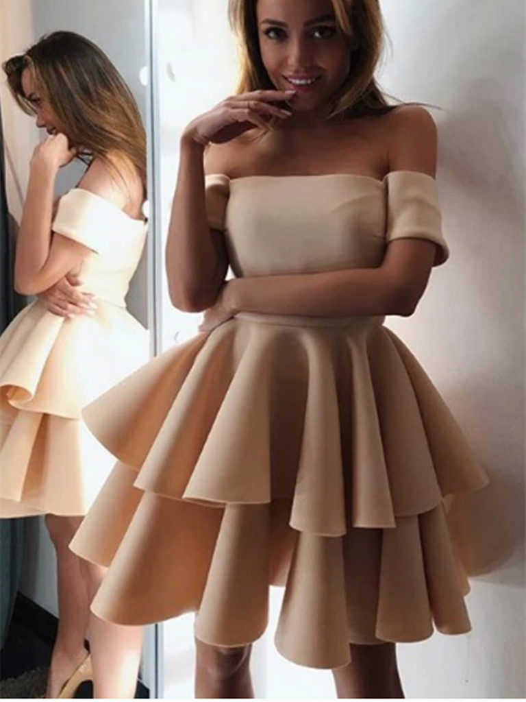 A Line Champagne Off Shoulder Short  Prom Dresses, Champagne Off Shoulder Short Formal Graduation Homecoming Dresses