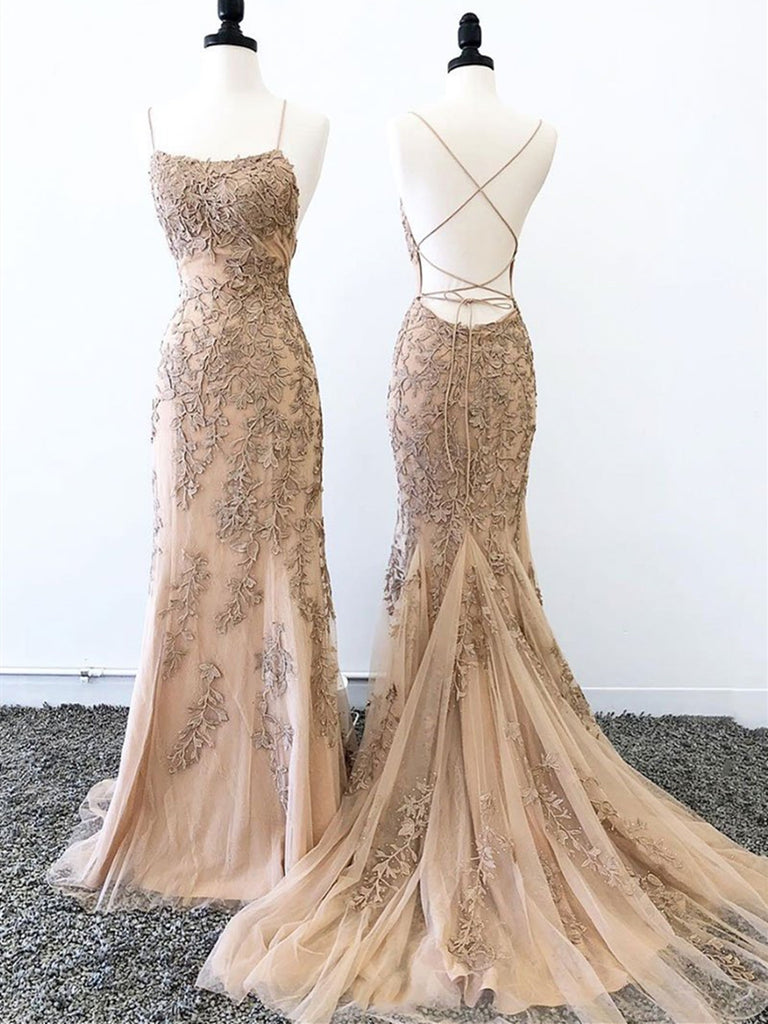 Champagne Backless Mermaid Lace Prom Dresses, Mermaid Champagne Lace Formal Graduation Evening Dresses Champagne Backless Mermaid Lace Prom Dresses, Mermaid Champagne Lace Formal Graduation Evening Dresses
