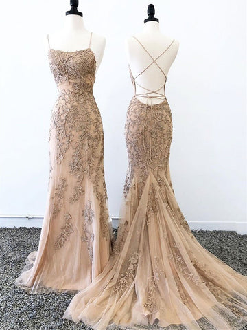 Champagne Backless Mermaid Lace Prom Dresses, Mermaid Champagne Lace Formal Graduation Evening Dresses