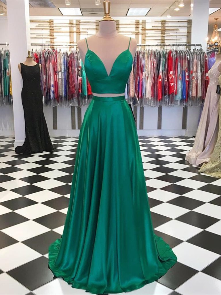 V Neck  2 Pieces Green Prom Dresses, Two Pieces Green Formal Graduation Evening Dresses