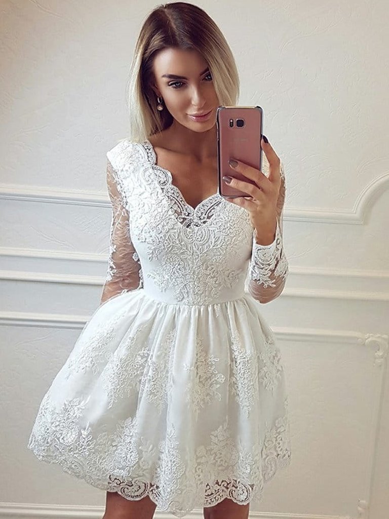 V Neck Long Sleeves Lace White Short Prom Dresses , Long Sleeves Lace morievent V Neck Long Sleeves Lace White Short Prom Dresses , Long Sleeves Lace morievent