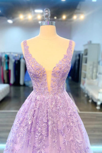 Purple V Neck Lace Long Prom Dress, Purple A Line Formal Evening Dress