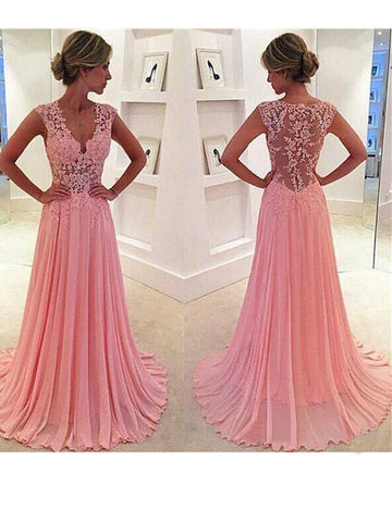 V neck Pink Prom Dresses with Lace Appliques, Pink Lace Prom Dress, Cap Sleeves Pink Lace Evening Dress
