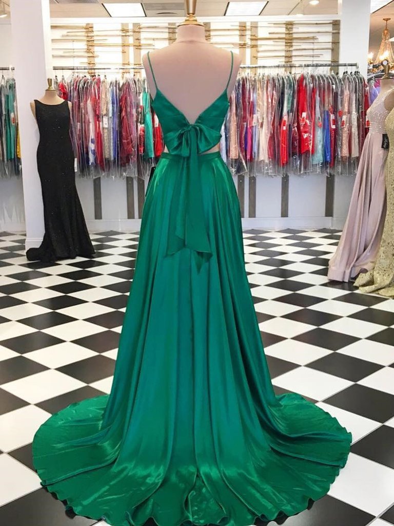 V Neck 2 Pieces Green Prom Dresses, Two Pieces Green Formal Graduation morievent V Neck 2 Pieces Green Prom Dresses, Two Pieces Green Formal Graduation morievent