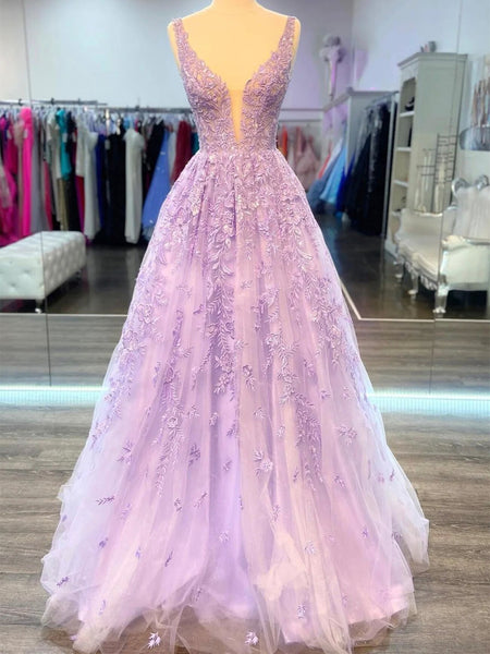 Purple V Neck Lace Long Prom Dress, Purple A Line Formal Evening Dress