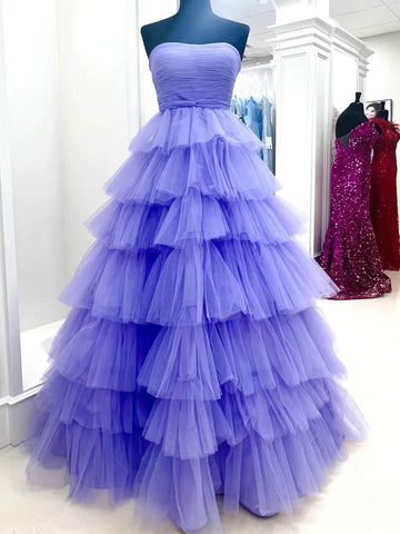 Strapless Purple Tulle Layered Long Prom Dresses, Purple Long Tulle Formal Evening Dresses
