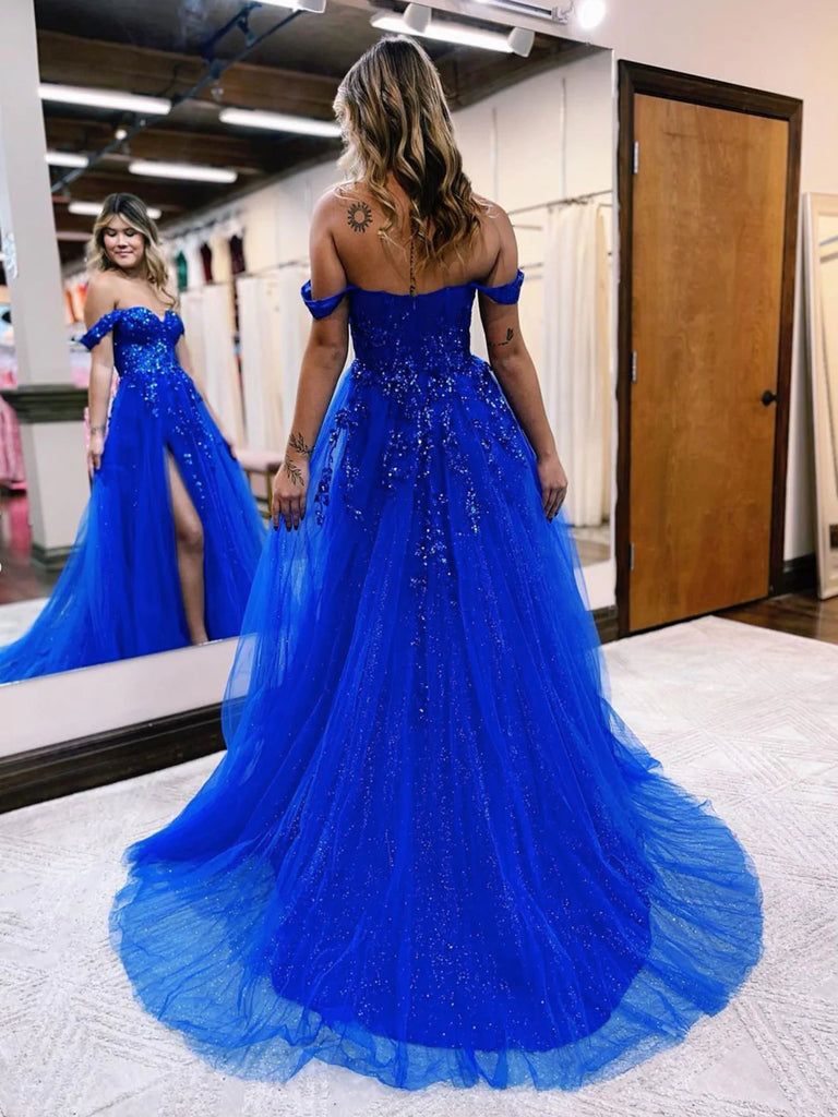 Ruffled Off-shoulder Sweetheart Blue Tulle Prom Dress - Xdressy