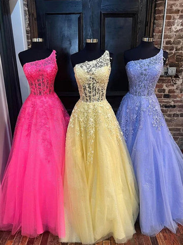 One Shoulder Hot Pink/Yellow/Lilac Lace Long Prom Dresses, Hot Pink/Yellow/Purple Lace Formal Evening Dresses