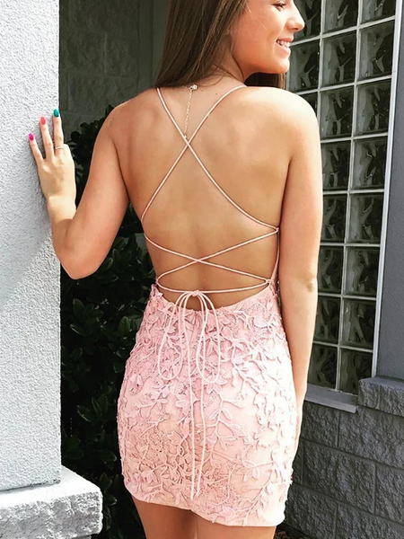 Spaghetti Straps Pink Backless Lace Short Prom Dresses, Short Backless Pink Lace Formal Evening Homecoming Dresses