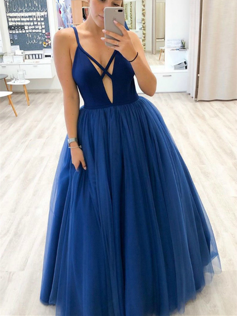 Unique V Neck Blue Tulle Long Prom Dresses, Unique V Neck Blue Tulle Long Formal Evening Dresses