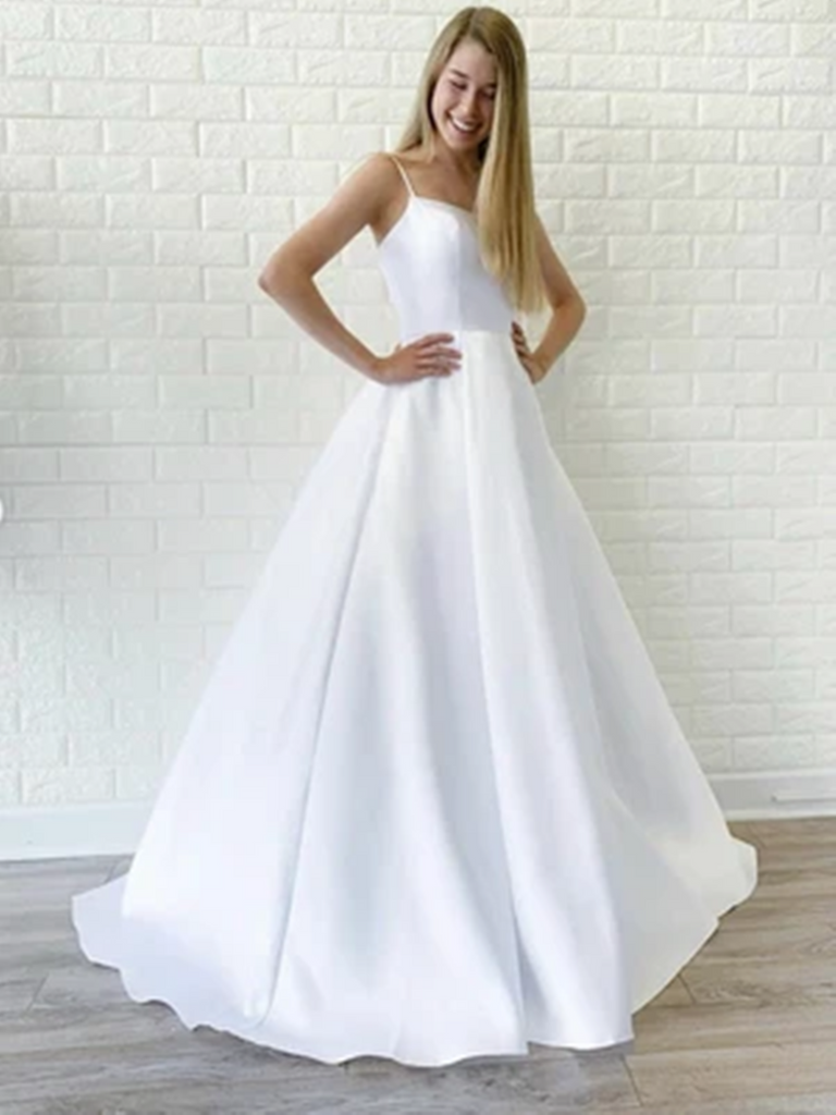 Simple White Satin Long Prom Dresses, White Wedding Dresses, White For morievent Simple White Satin Long Prom Dresses, White Wedding Dresses, White For morievent